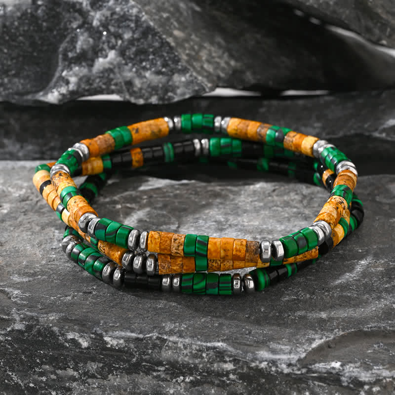 Bracciale Uomo Con Perline In Pietra Naturale - Onice Nero Ed Ematite - Regolabile E Portafortuna