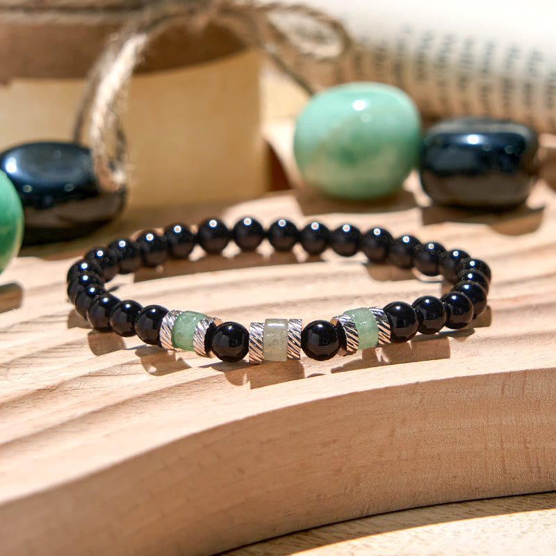 Bracciale Uomo In Pietre Blu Lapislazzuli E Ossidiana: 8mm Con Acciaio Inox (KMStars, 21cm)