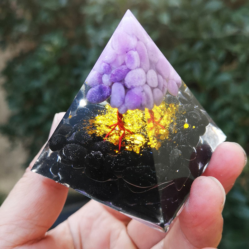 Olivenorma Piramide di Orgone con Albero della Vita in Ossidiana e Giada Viola 