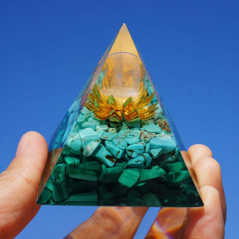 Olivenorma Cristallo Trasparente Turchese Malachite Simbolo Loto Piramide Orgonica
