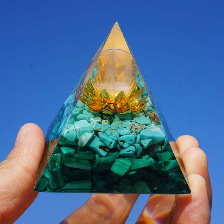 Olivenorma Cristallo Trasparente Turchese Malachite Simbolo Loto Piramide Orgonica