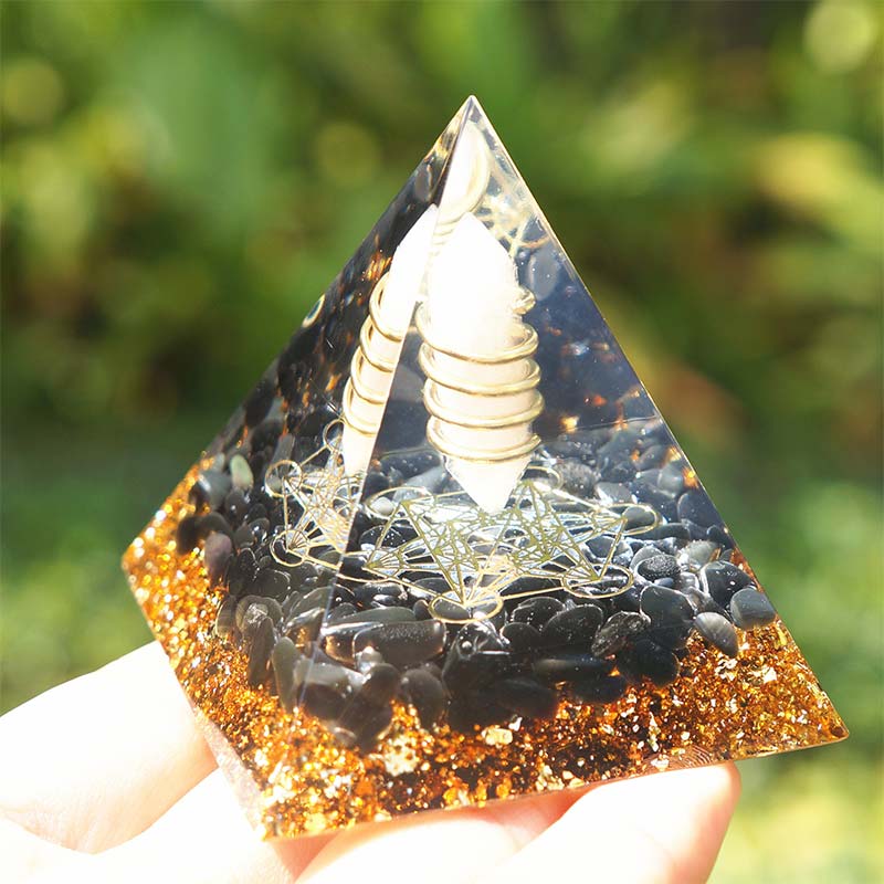 Piramide di orgone in quarzo rosa Olivenorma con ossidiana 