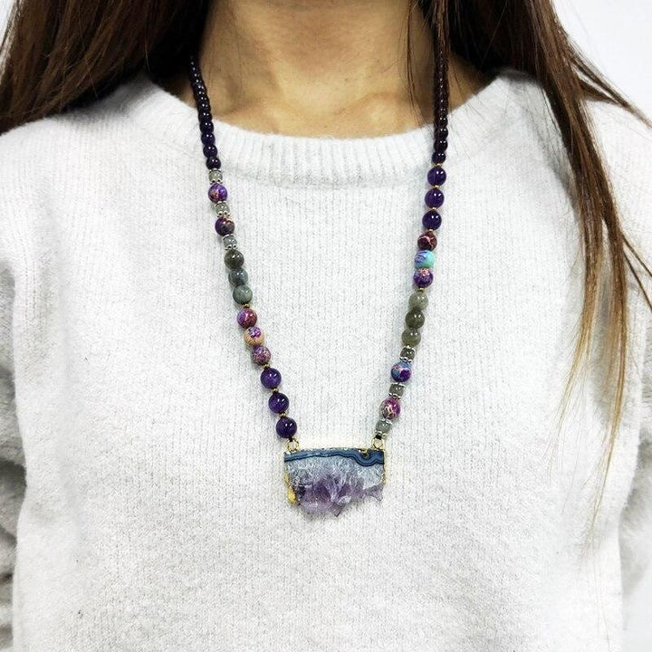 Collana di perline Mala in Labradorite imperatore, fluorite arcobaleno, ametista Olivenorma