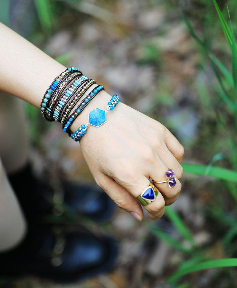 Bracciale avvolgente Olivenorma Hexagon Acquamarina Rodocrosite