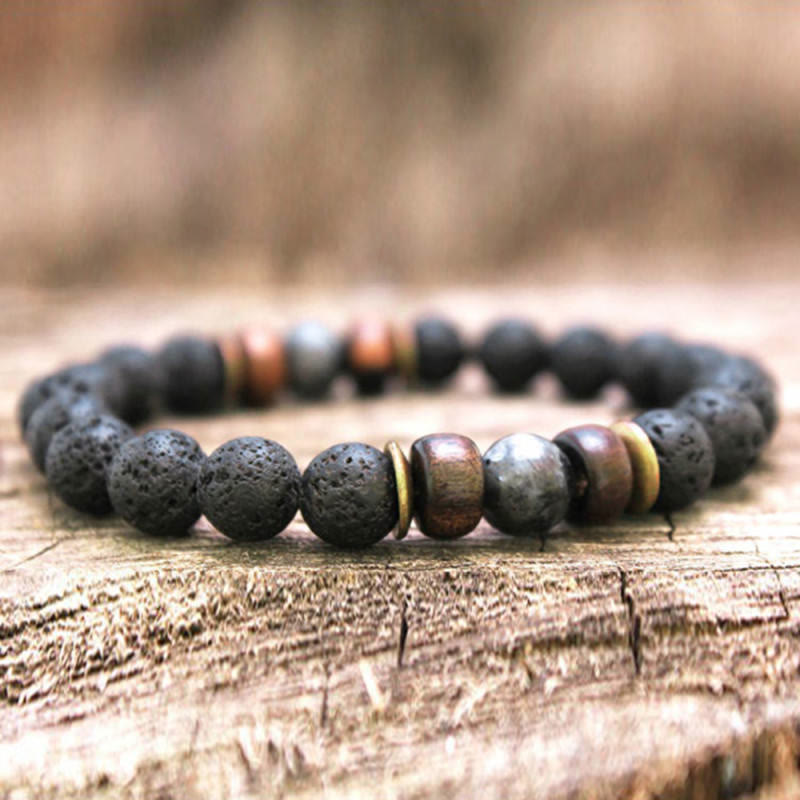Olivenorma Bracciale da uomo in pietra naturale con perline di legno da 8 mm