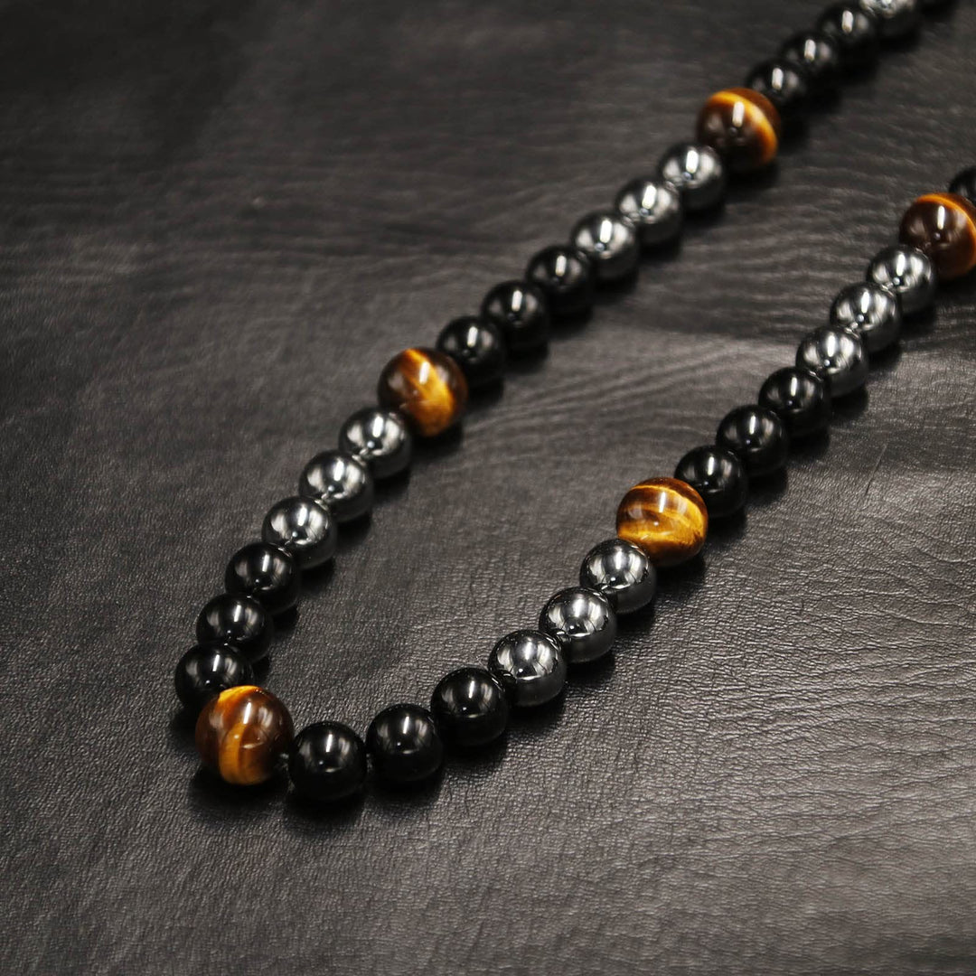 Collana di perle di ematite, occhio di tigre, ossidiana e cristallo curativo Olivenorma