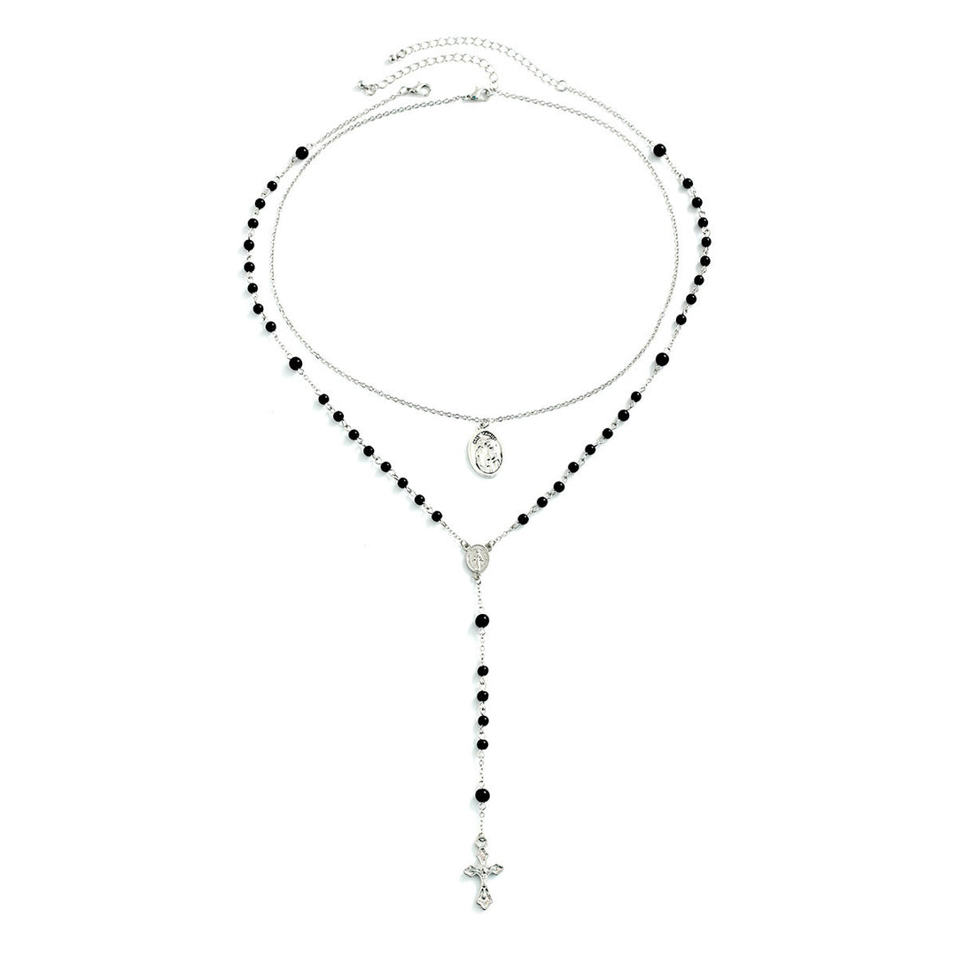 Collana con ciondolo a croce con medaglia sacra in perline di ossidiana Olivenorma 