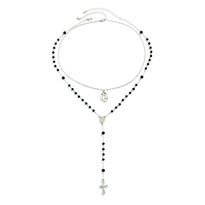 Collana con ciondolo a croce con medaglia sacra in perline di ossidiana Olivenorma 