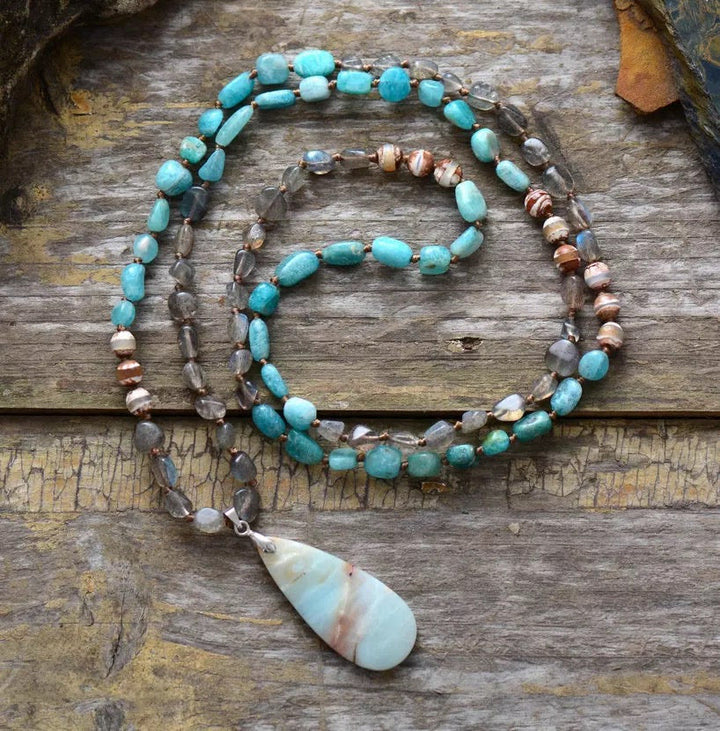 Ciondolo Mala in pietra di cristallo di agata labradorite amazzonite Olivenorma