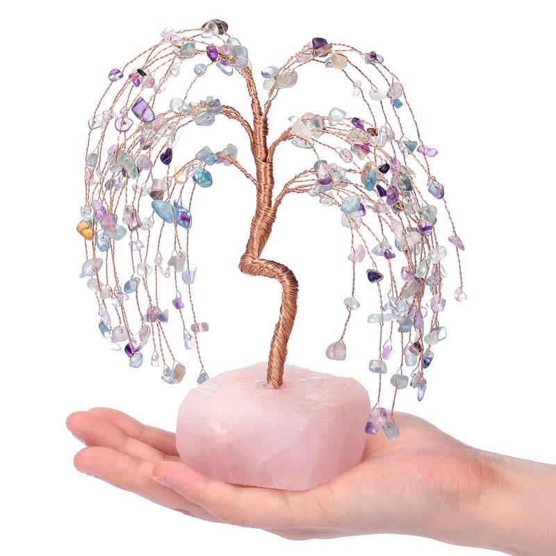 Foglie di fluorite Olivenorma Base in quarzo rosa Albero Feng Shui 
