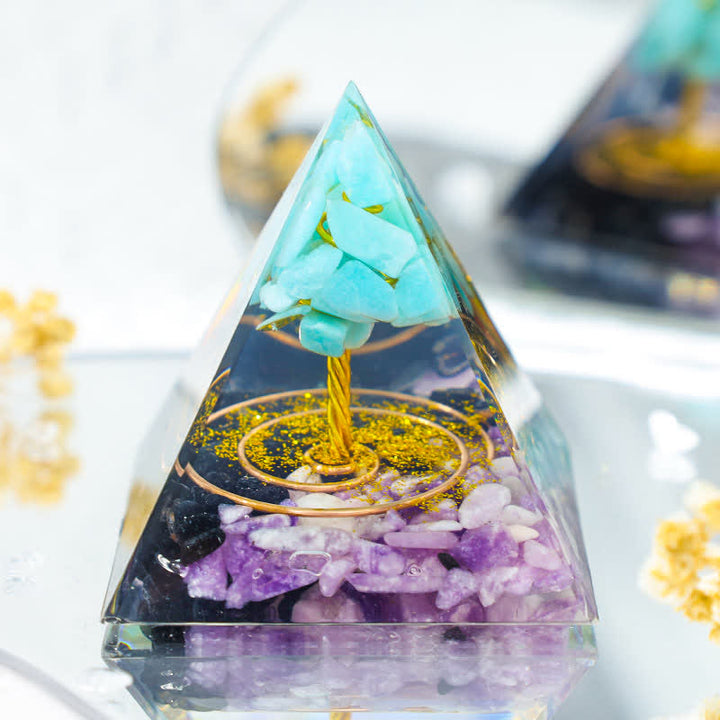 Olivenorma Calcedonio blu Albero della vita Piramide di orgone 