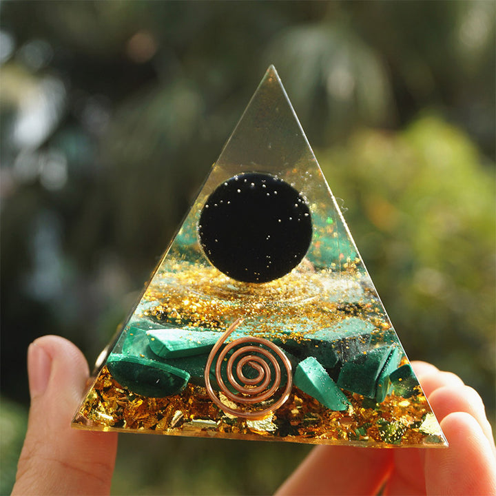 Malachite Olivenorma con sfera di ossidiana Piramide Orgonica