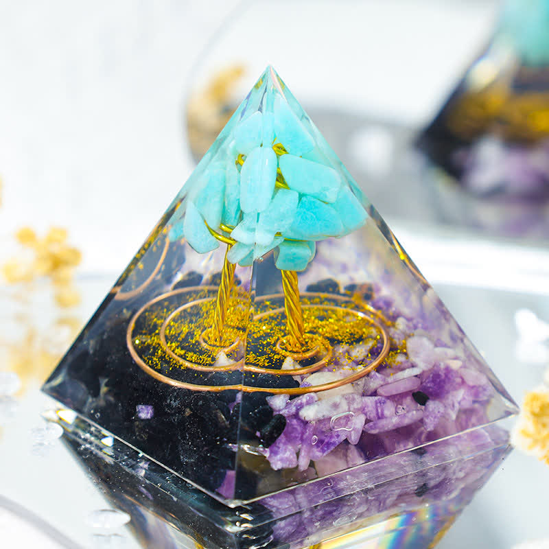 Olivenorma Calcedonio blu Albero della vita Piramide di orgone 