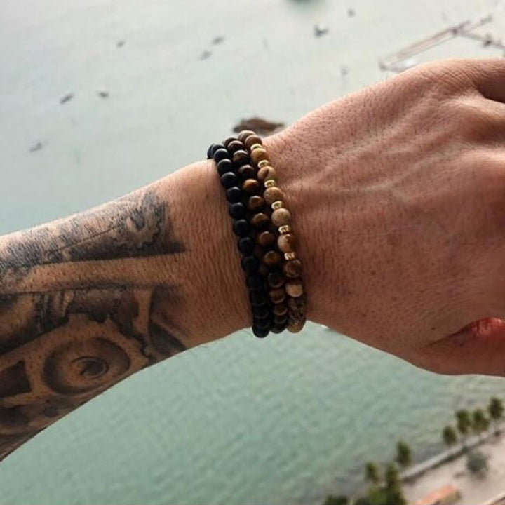 Olivenorma 3 pezzi Picture Jasper Tiger Eye Braccialetti di perline di onice nero