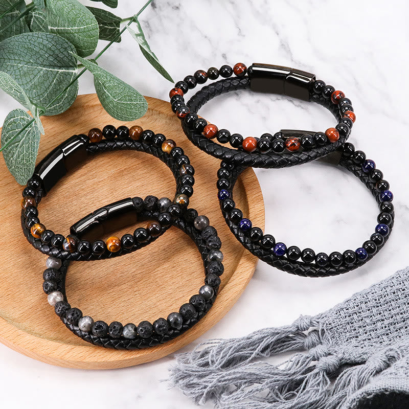 Olivenorma Bracciale da uomo in pelle con perline a due strati - image 0