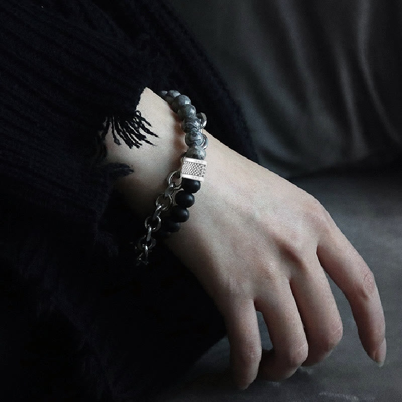 Olivenorma Punk Braccialetto da uomo con combinazione di pietre smerigliate e forma geometrica