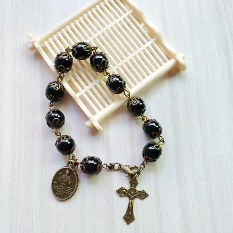 Olivenorma Ossidiana Medaglia Sacra Croce Pendente Rosario Bracciale 