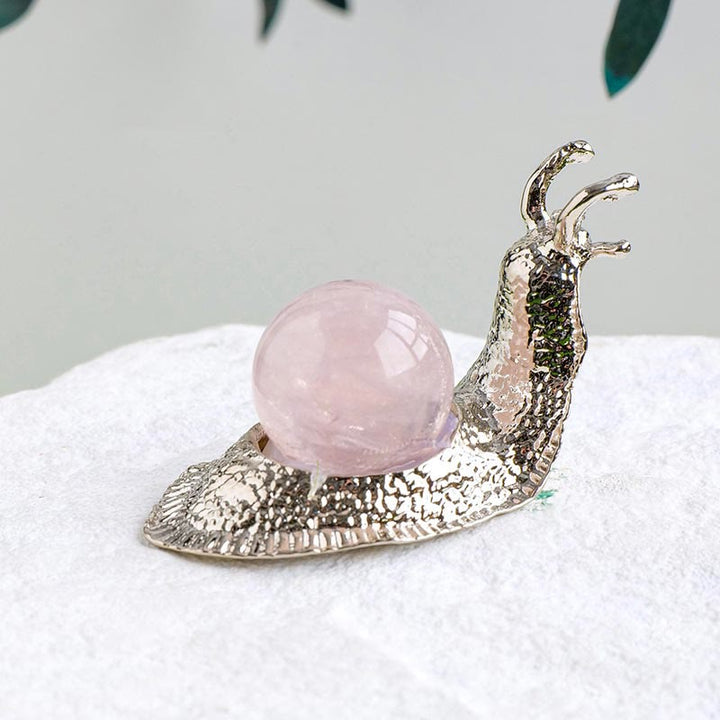 Olivenorma Portapalle di Cristallo Naturale Piccola Decorazione a Forma di Lumaca con Pietre Preziose - Quarzo rosa - Argento - image 8