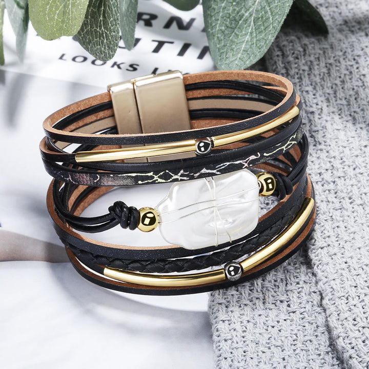 Bracciale in pelle intrecciata con perle d'acqua dolce naturale Olivenorma