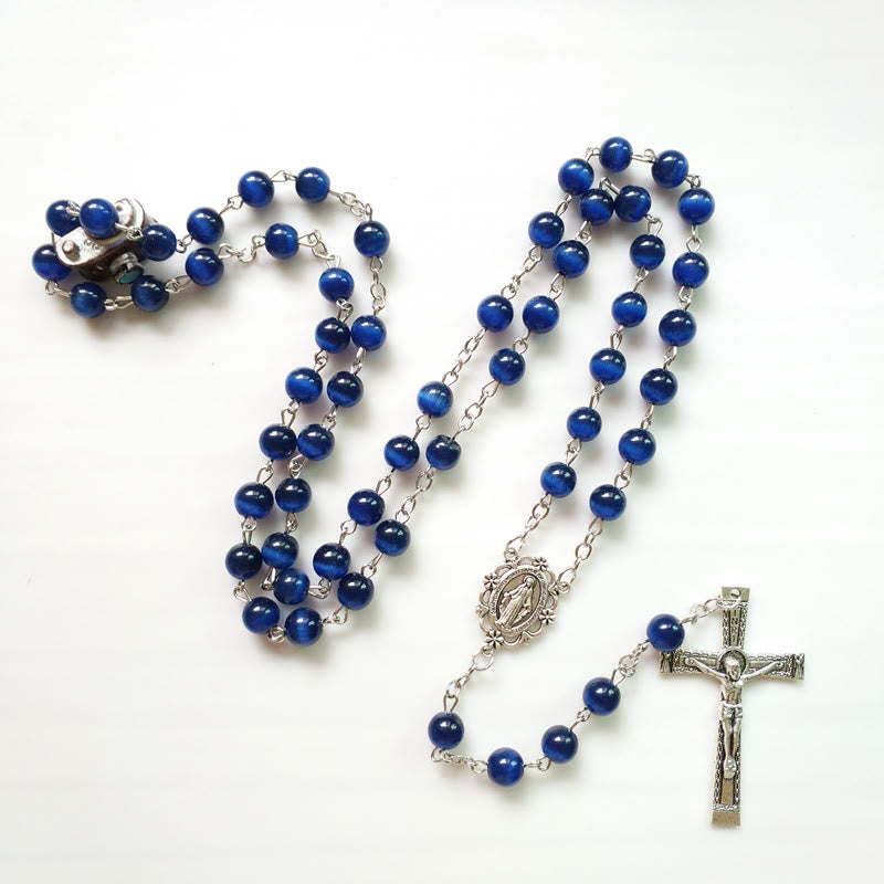 Collana rosario Olivenorma con croce in pietra blu occhio di gatto da 8 mm 