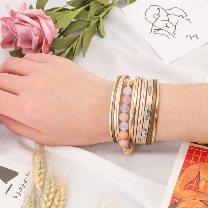 Bracciale multistrato in pelle con perline di cristallo naturale Olivenorma 
