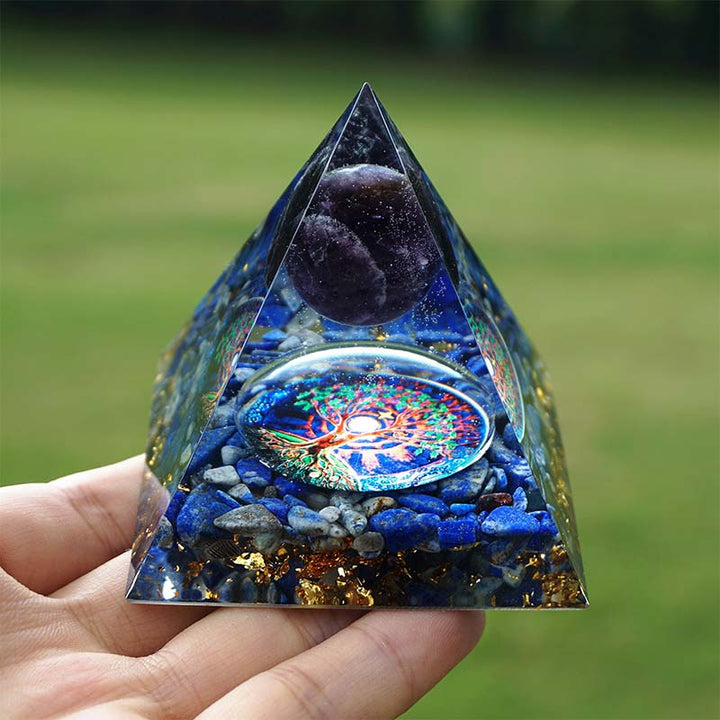 Piramide di orgone Reki Olivenorma Ametista con lapislazzuli