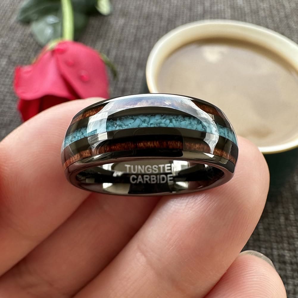Anello in carburo di tungsteno lucido turchese da 8 mm in legno Olivenorma