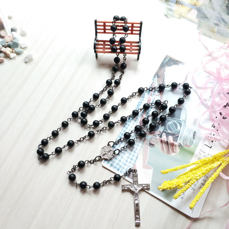 Collana rosario con croce in onice nero spazzolato Olivenorma