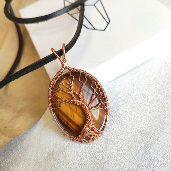 Collana con pietra preziosa ovale in occhio di tigre e albero della vita Olivenorma 