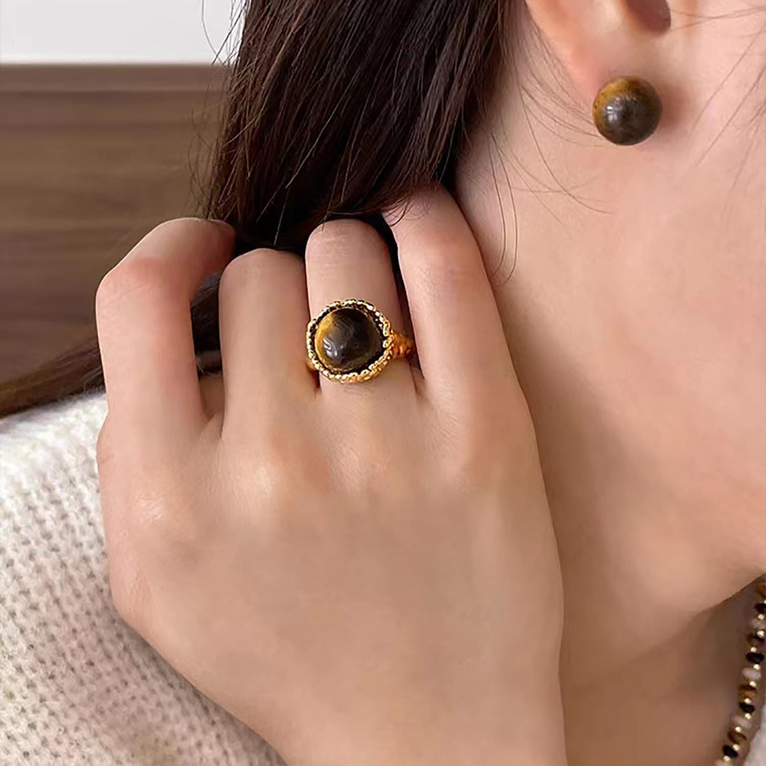 Anello aperto vintage in pietra naturale occhio di tigre Olivenorma