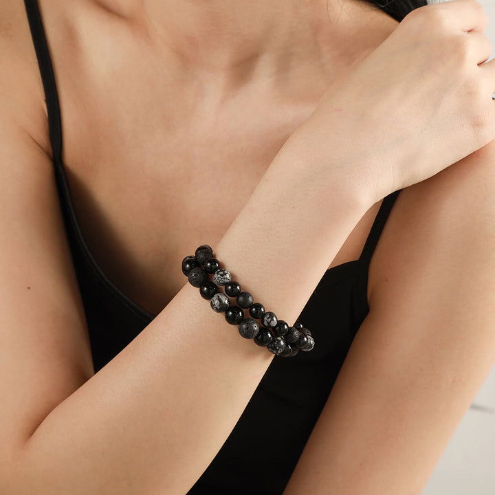 Bracciale da uomo con perline in pietra lavica, ossidiana e fiocco di neve di onice nero Olivenorma