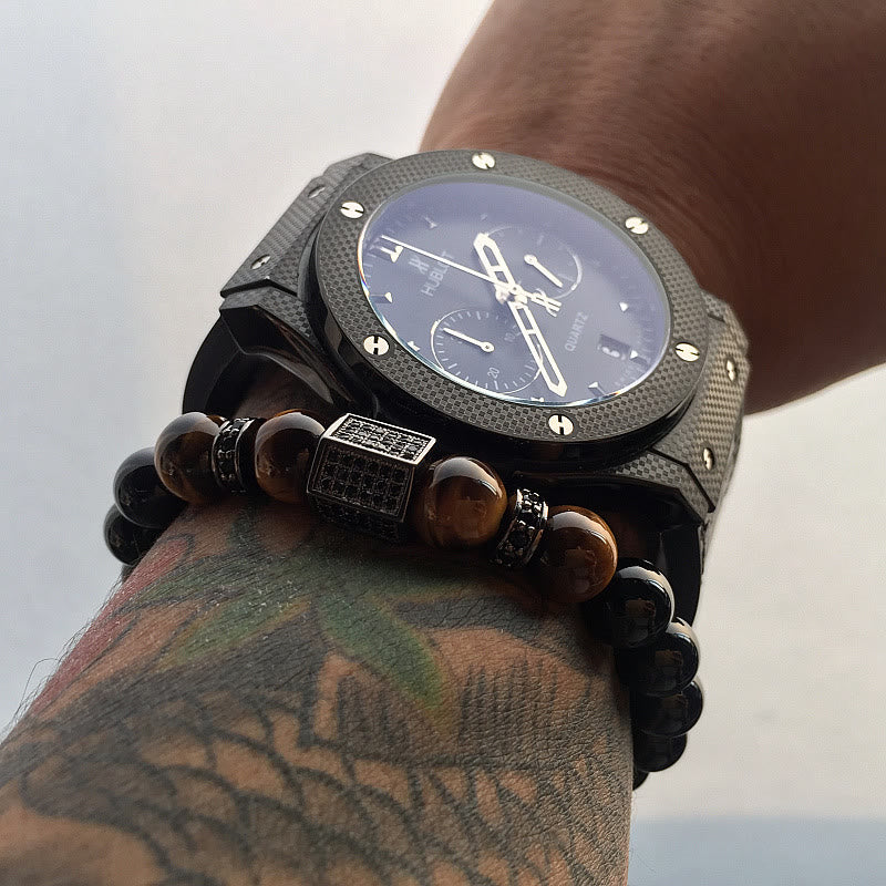 Olivenorma Bracciale da uomo in perline nere smerigliate con occhio di tigre