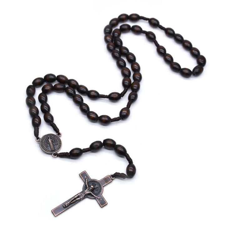 Collana rosario in legno con croce vintage lavorata a maglia Olivenorma - Marrone scuro - image 0