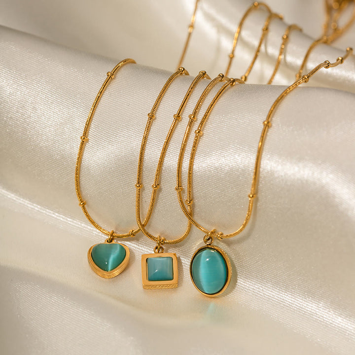 Collana con ciondolo a forma di cuore quadrato in pietra occhio di gatto blu Olivenorma