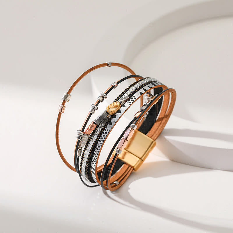 Bracciale in pelle a più livelli con foglia di zircone bianco ematite Olivenorma 