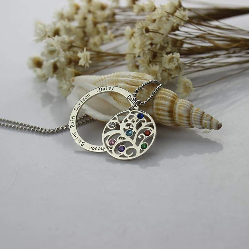 Collana con incisione del nome della pietra portafortuna dell'albero della vita Olivenorma