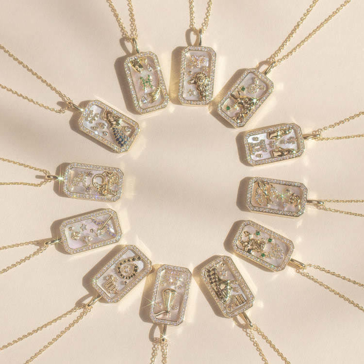 Collana Olivenorma con targhetta incisa con zircone bianco e 12 segni zodiacali 