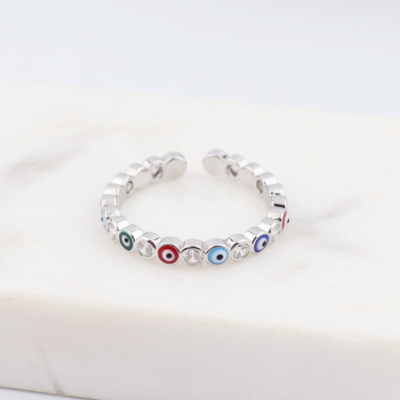 Olivenorma Anello regolabile con zircone bianco e colorato malocchio 
