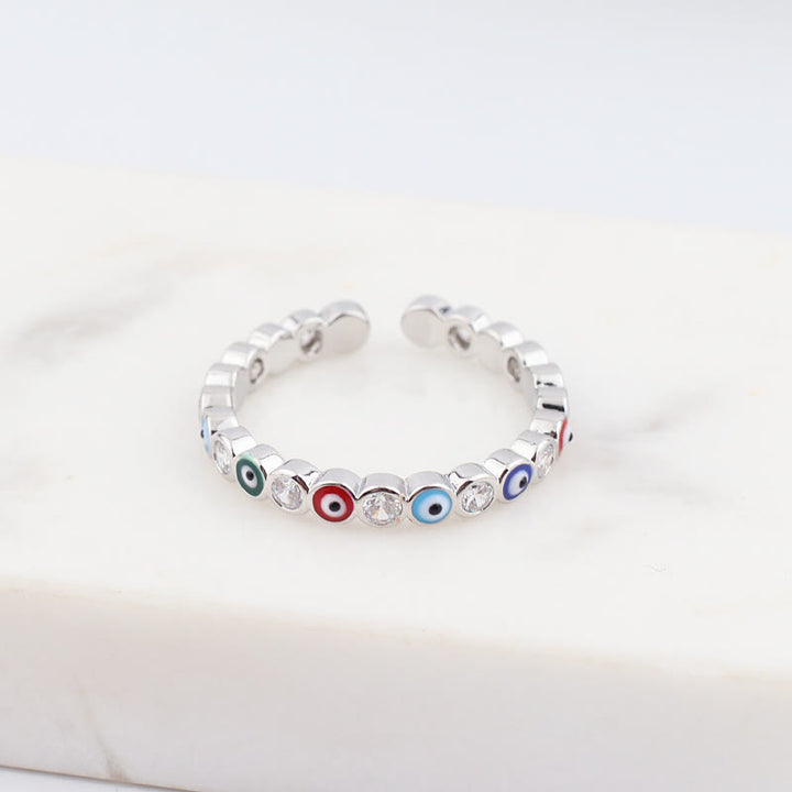 Olivenorma Anello regolabile con zircone bianco e colorato malocchio 