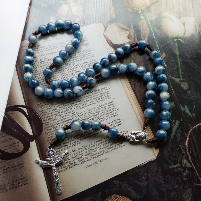 Collana rosario con croce di Gesù in pietra occhio di gatto blu Olivenorma