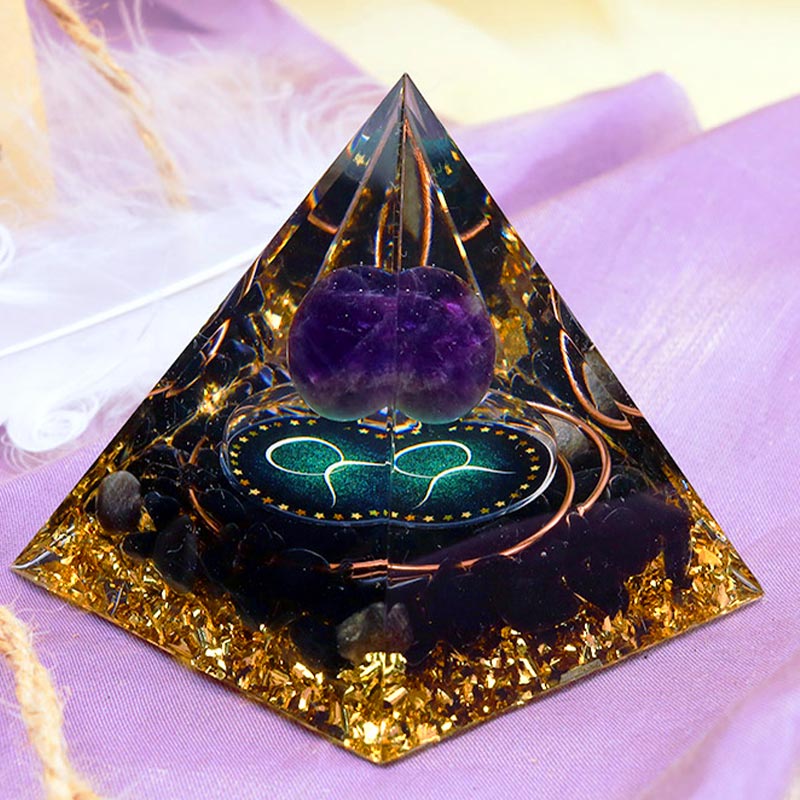 Sfera di ametista Olivenorma con piramide di orgone dello zodiaco del Toro in ossidiana 