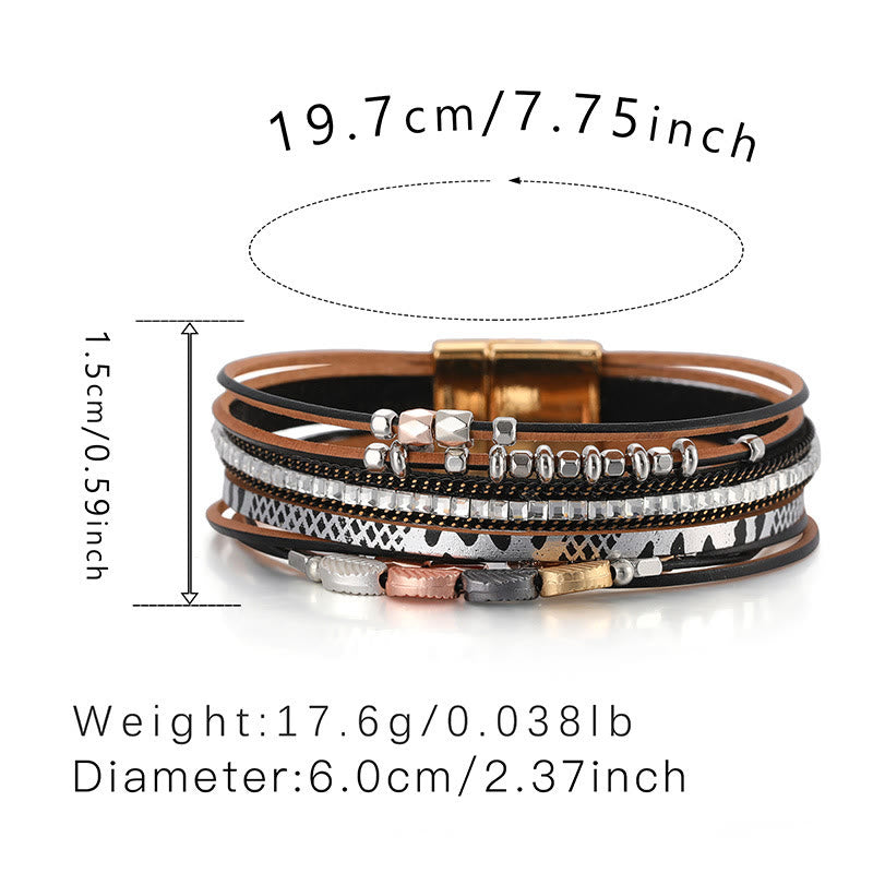 Bracciale in pelle a più livelli con foglia di zircone bianco ematite Olivenorma 