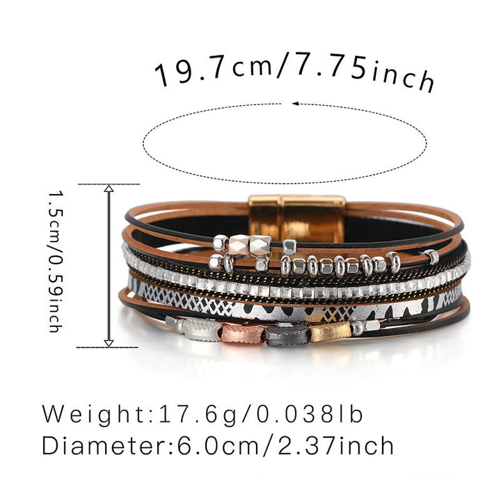 Bracciale in pelle a più livelli con foglia di zircone bianco ematite Olivenorma 