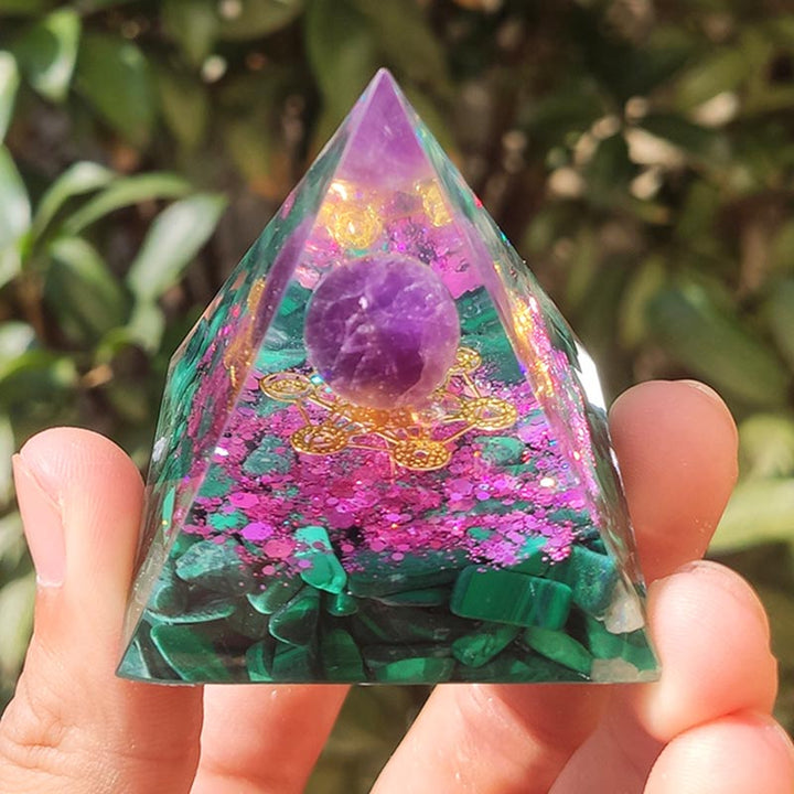 Olivenorma Ametista Malachite Cubo di Metatron Simbolo Piramide Orgonica