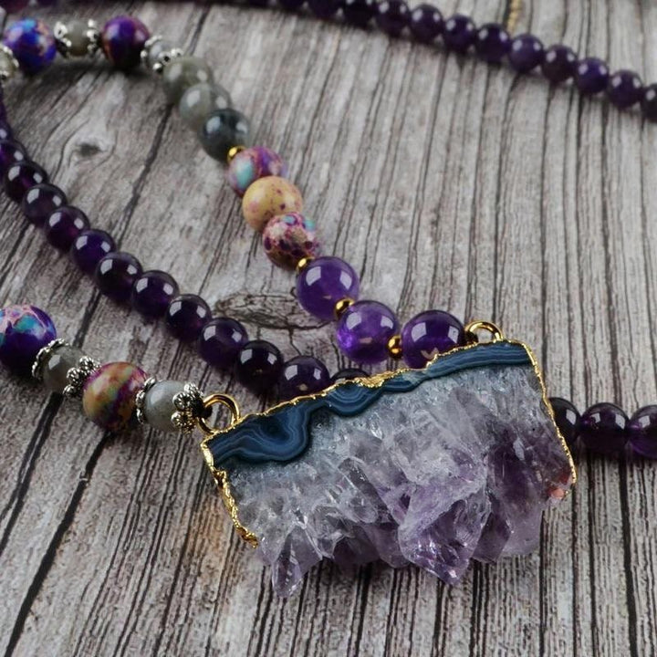 Collana di perline Mala in Labradorite imperatore, fluorite arcobaleno, ametista Olivenorma