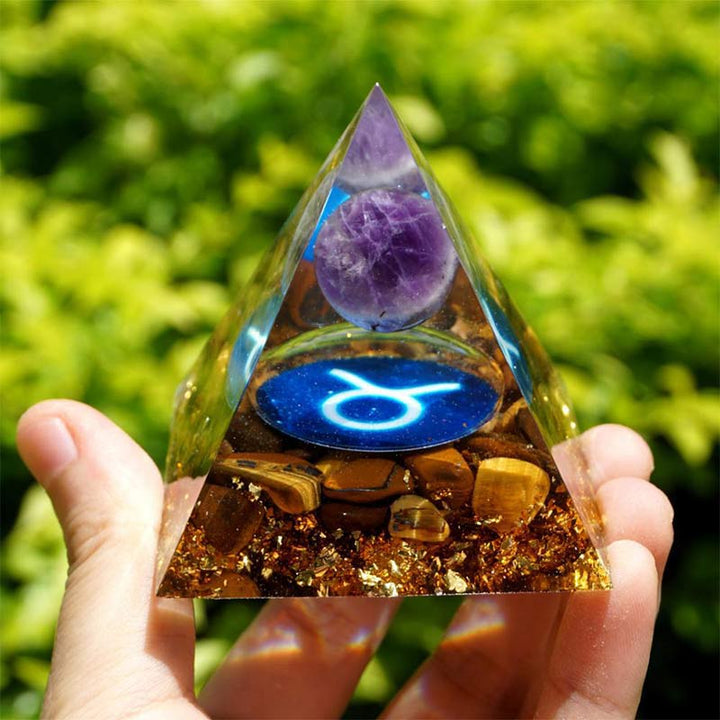 Olivenorma Ametista con Occhio di Tigre Toro Zodiac Orgone Piramide 
