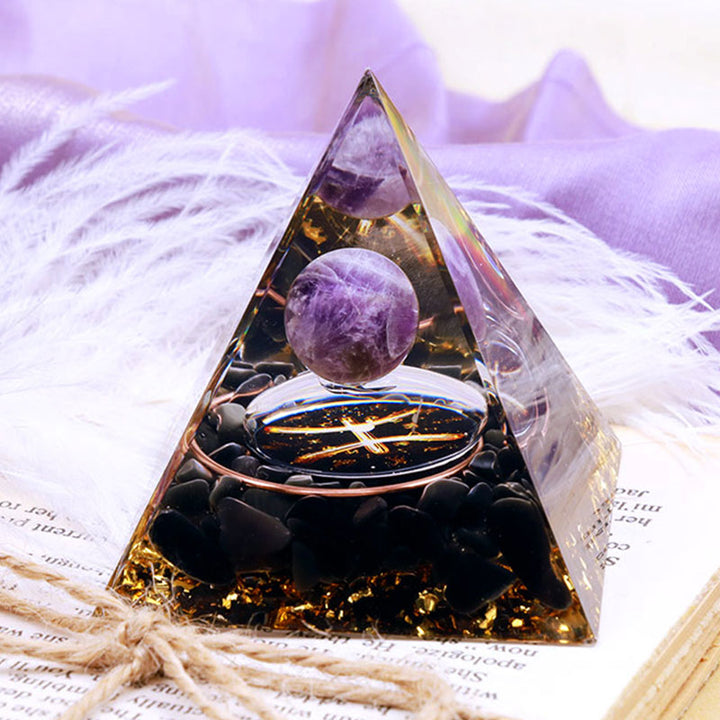 Sfera di ametista Olivenorma con piramide di orgone in ossidiana Zodiaco Pesci 