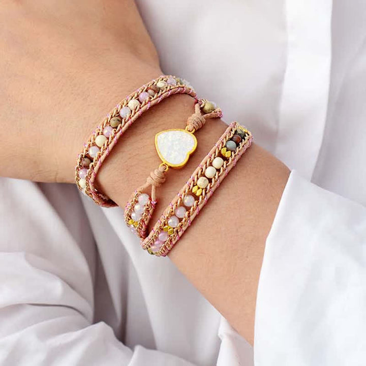 Bracciale avvolgente con perline a forma di cuore in quarzo rosa e opale Olivenorma