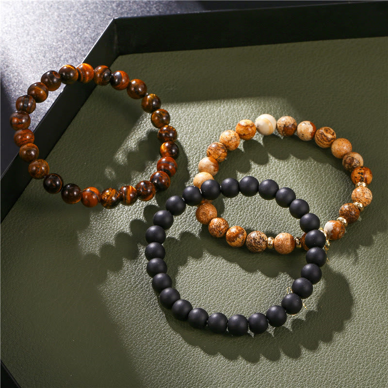 Olivenorma 3 pezzi Picture Jasper Tiger Eye Braccialetti di perline di onice nero