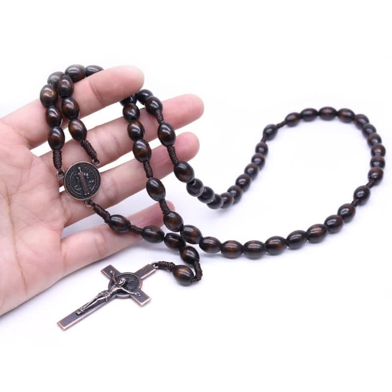 Collana rosario in legno con croce vintage lavorata a maglia Olivenorma - image 1